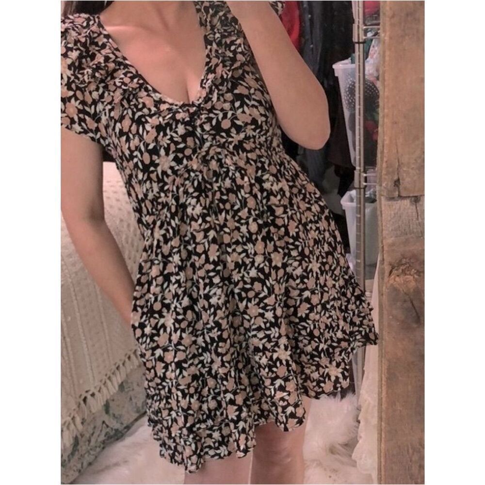 Banjanan Black Tan Floral Mini Dress Cotton Flutter Sleeves S